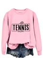 Detail of pink crewneck sweatshirt with Tennis Mom print and denim shorts combo - Pink (Black Print)