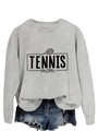 Detail of grey crewneck sweatshirt with black TENNIS mom print and tennis racket graphic - Grey (Black Print)