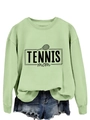 Detail of light green tennis mom sweatshirt with tennis racket print and casual crew neck - Olive Green (Black Print)
