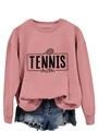Detail of pink Tennis Mom sweatshirt with tennis racket print and crew neck design - Rose Gold (Black Print)