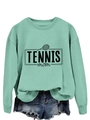 Detail of mint green sweatshirt featuring TENNIS mom text and tennis racket graphic - Light Green (Black Print)