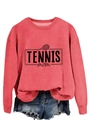 Flat lay of coral red tennis mom sweatshirt with graphic print and denim shorts - Red (Black Print)