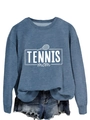 Flat lay of blue Tennis Mom sweatshirt paired with frayed denim shorts for casual style - Blue (White Print)