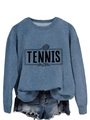 Detailed view of blue Tennis Mom sweatshirt with graphic print and denim shorts - Blue (Black Print)