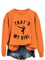 Détail du sweat orange avec imprimé THAT'S MY GIRL et short en jean assorti - S / Orange (Graphique Noir)