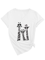 Dettaglio della t-shirt bianca in cotone con scollo a V, stampa di giraffe e nodo decorativo sull'orlo - S / Bianco (Stampa Nera)