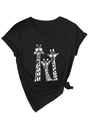 Detail of V-neck black T-shirt with giraffe graphic and stylish front tie knot design - Black (White Print)