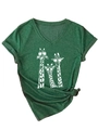 Detail of V-neck dark green T-shirt with three giraffes print and knotted hem design - Vintage Green (White Print)