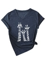 Detail of V-neck grey t-shirt featuring three giraffes with sunglasses and a knotted hem - Navy (White Print)