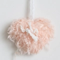 Pink heart-shaped wool plush ornament with soft fringe and white woven hanging cord - Heart Charm / Pink