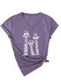 Detail of purple heather V-neck t-shirt with three giraffes wearing sunglasses - Purple (White Print)