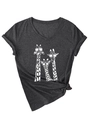 Detail of three giraffe print on dark grey V-neck T-shirt with soft cotton texture - Heather Grey (White Print)