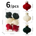6-piece set of velvet Christmas balls in red, cream, and green for tree decoration - Onion Shape Painted Flocked Red White Green