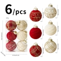6-piece set of 8cm red and cream flocked Christmas balls with gold glitter patterns - Spherical Painted Flocked Red White