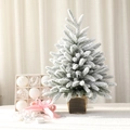 Mini árbol de Navidad nevado en maceta con rayas doradas y cinta de terciopelo rosa liso - Paquete de Decoración - Blanco / 45CM (Solo Adornos)