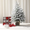 Árbol de Navidad flocado blanco de 45cm con adornos rojos y luces LED sobre manta suave - 45CM (Solo Adornos)