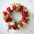 Artificial peony wreath in red and cream, 40cm diameter with measurements and weight - Red Style E