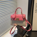 Elegante Kelly handtas van roze leer en beige canvas met gouden metalen sluiting - Canvas Lederen Patchwork Stijl (8649) / Roze