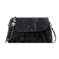 Retro black wrinkled leather crossbody bag for women with silver ball chain strap - Black