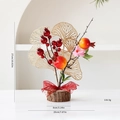 27cm Red Berry Ornament with Gold Ginkgo Leaves and Wood Base for Festive Decor - New Year Small Tree Style C