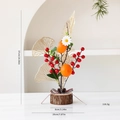 Artificial persimmon and red berry desktop ornament with golden leaves and wood base - New Year Small Tree Style G