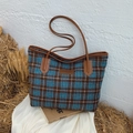 Grand sac cabas à carreaux bleu et marron avec anses en cuir pour le style automne - Bleu
