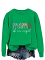 Détail du texte coloré 'mama of an angel' sur un sweat vert à col rond et bords côtelés - S / Vert herbe (Graphique blanc)