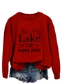 Detail of red crewneck sweatshirt with black The Lake Is My Happy Place print graphics - S / Bright Red (Black Print)