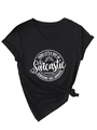 Vue détaillée du t-shirt noir à col en V avec logo graphique et nœud latéral tendance - S / Noir (Police Blanche)