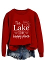 Close-up of red long sleeve sweatshirt with white The Lake IS MY happy place print - S / Bright Red (White Print)
