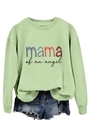 Détail du sweat vert clair avec imprimé Mama of an Angel et short en jean assorti - Vert Olive (Lettres Noires)