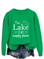 Detail of green sweatshirt with white The Lake IS MY happy place print and wave graphics - S / Grass Green (White Print)