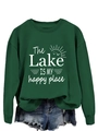 Detail of The Lake is My Happy Place print on a dark green crewneck sweatshirt - Dark Green (White Print)