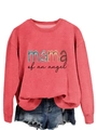 Détail du lettrage Mama of an Angel coloré sur sweat à col rond rose corail - Rouge (Imprimé Noir)