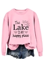 Detail of pink crewneck sweatshirt with The Lake IS MY Happy Place graphic print - Pink (Black Print)