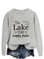 Close-up of 'The Lake IS MY happy place' graphic print on a gray crewneck sweatshirt - Grey (Black Print)
