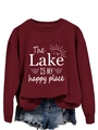 Close-up of ribbed neckline and Lake Is My Happy Place print on burgundy sweatshirt - Wine Red (White Print)