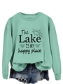 Detail of mint green sweatshirt featuring The Lake Is My Happy Place graphic text - Light Green (Black Print)