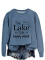 Detail of blue crewneck sweatshirt featuring The Lake Is My Happy Place graphic design - Blue (Black Print)