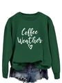 Close-up of Coffee Weather script and heart print on dark green crewneck sweatshirt - Dark Green (White Font)
