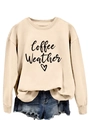 Detail of coffee weather script and heart print on beige crewneck sweatshirt fabric - Sand (Black Font)
