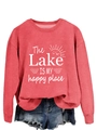 Detail of watermelon red sweatshirt with The Lake Is My Happy Place print and raw denim shorts - Red (White Print)