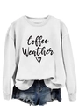 Detail of the white cotton sweatshirt featuring Coffee Weather text and heart graphic - White (Black Font)