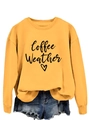 Close-up of mustard yellow sweatshirt with Coffee Weather text and heart print detail - Yellow (Black Font)
