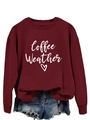 Detail of burgundy sweatshirt with white Coffee Weather heart print and crew neck design - Wine Red (White Font)