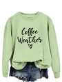 Detail of light green sweatshirt with Coffee Weather print and casual denim shorts - Olive Green (Black Font)