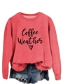 Detail of peach pink sweatshirt with Coffee Weather text and heart print - Red (Black Font)