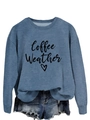 Detail of the Coffee Weather script and heart print on a blue cotton blend sweatshirt - Blue (Black Font)