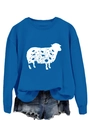 Detail of floral sheep print on blue crewneck sweatshirt with raw hem denim shorts - Lake Blue (White Print)