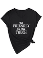 Detail of V-neck cotton T-shirt with 'Not Friendly Do Not Touch' print and side knot - Black